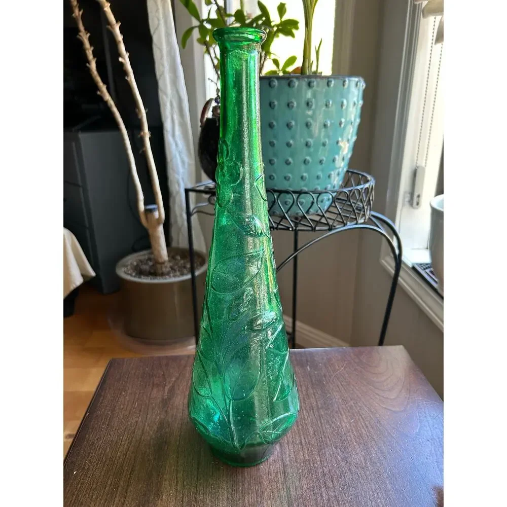 Vintage 60's/70's MCM Green Italian Empoli Bottle Decantet Butterfly And Flowers